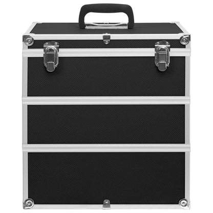 Black travel cosmetic case made of aluminum and ABS, perfect for organizing and transporting cosmetics.