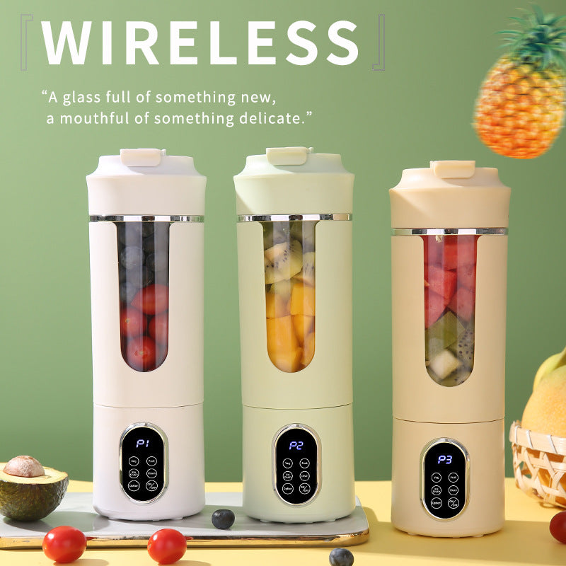 Portable rechargeable juice blender in three colors with fresh fruits, perfect for smoothies at home or on-the-go.