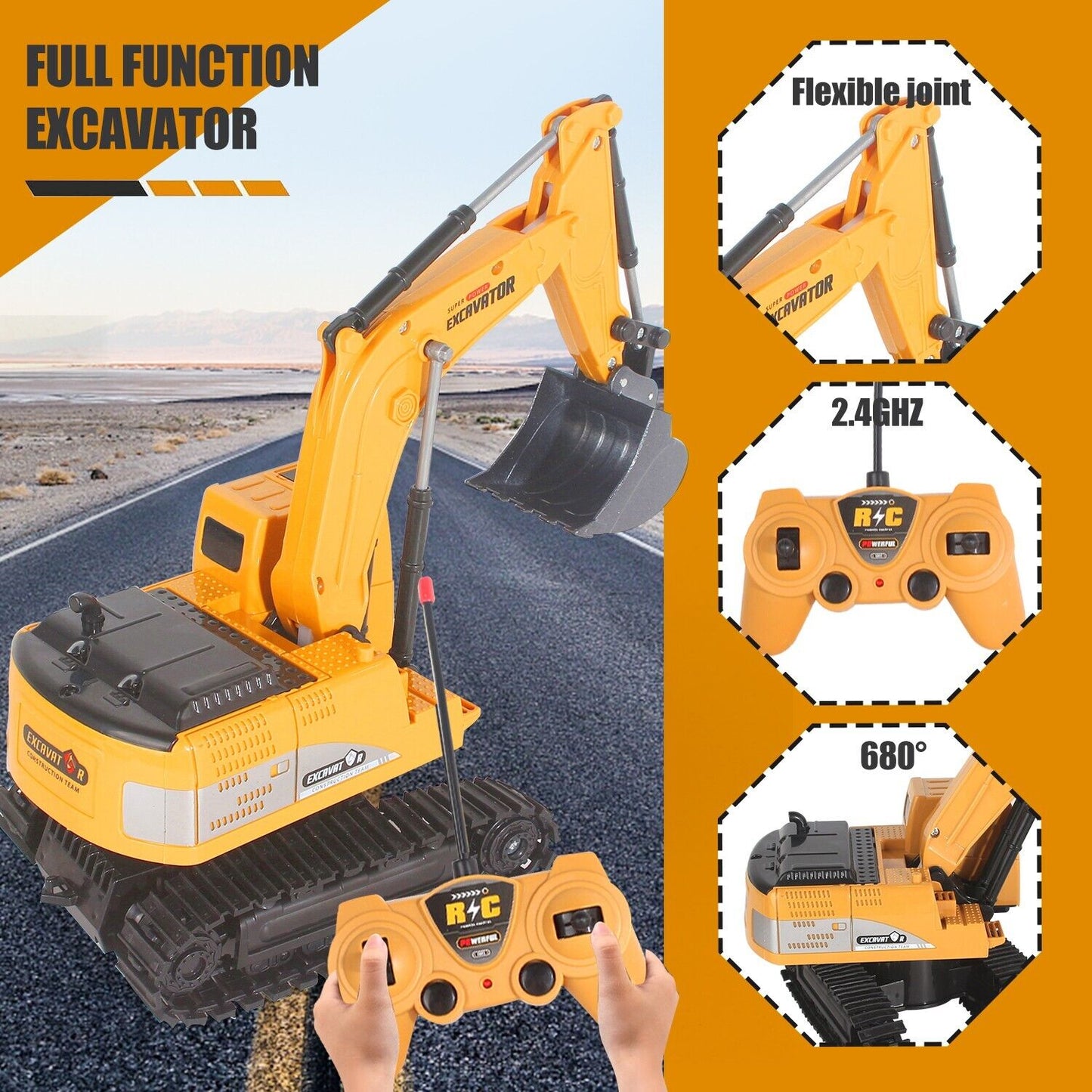 Jiakora remote control excavator toy with flexible joint and 24GHz controller on a road background.