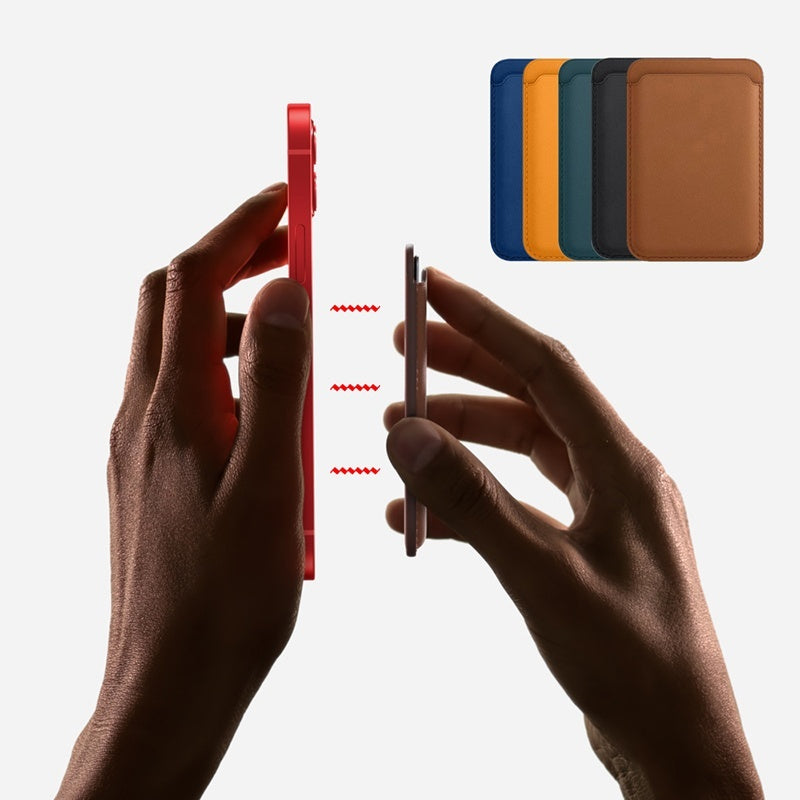 For Magsafe Magnetic Luxury Leather Card Holder Wallet Case shown with phone attachment and available color options.