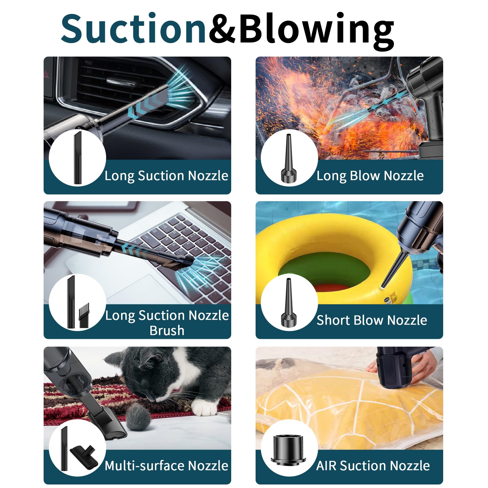 Suction and blowing nozzles for wireless mini handheld vacuum, including long suction, blow, multi-surface, and air nozzles.