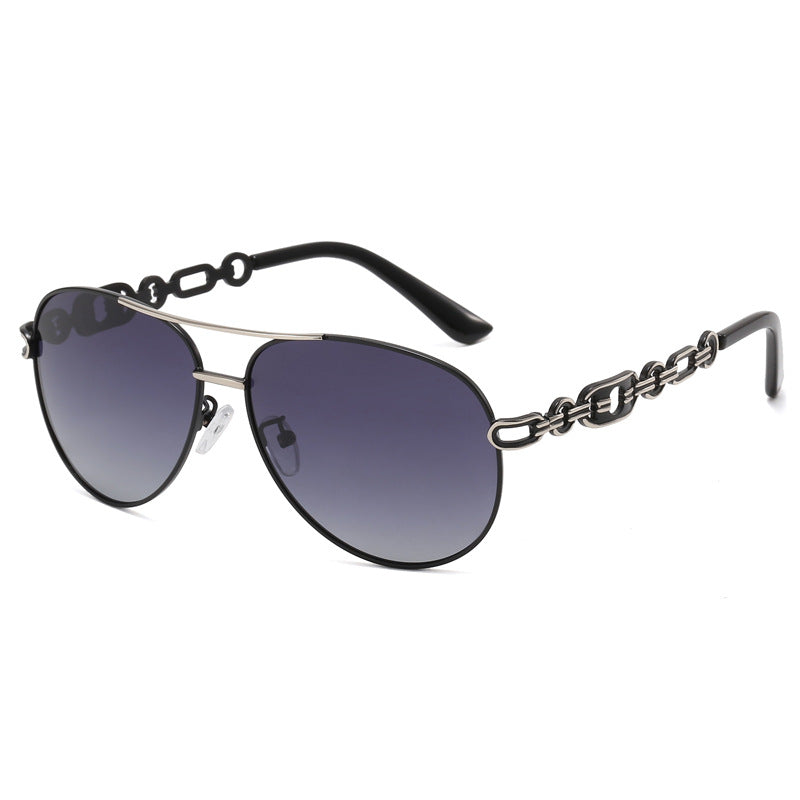 New Polarized Two-tone Plated Fashionable Hollow Out UV Protective Sunglasses with chic chain details.