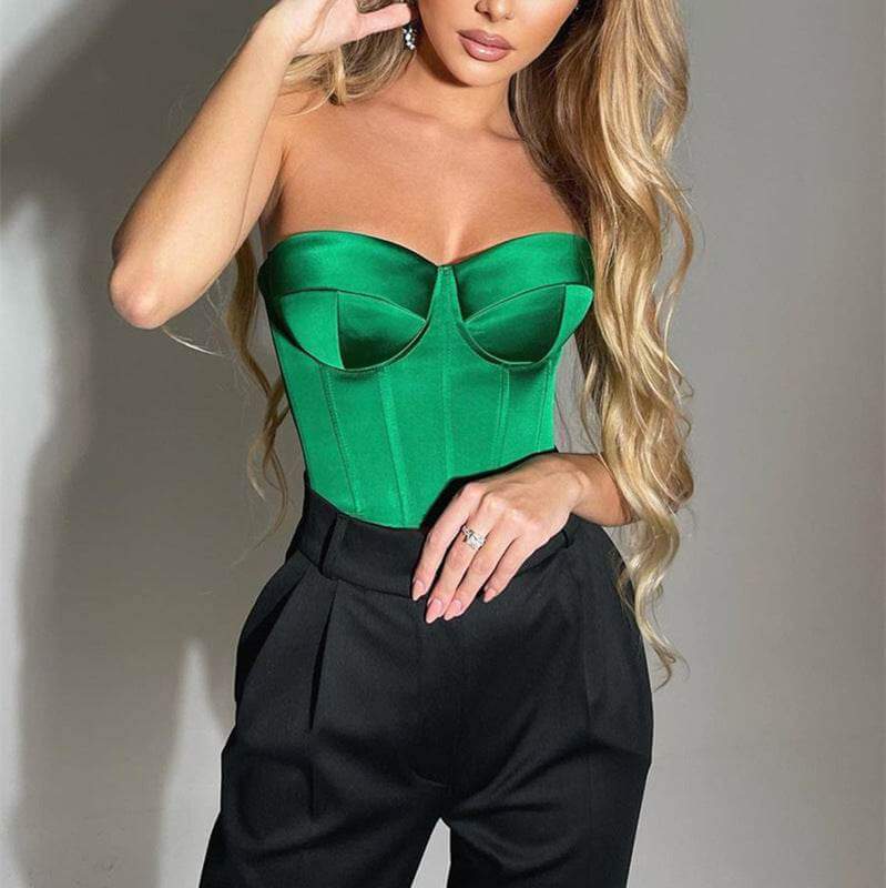 Solid Color Slim Tube Top in green paired with black trousers, perfect for a chic outfit.