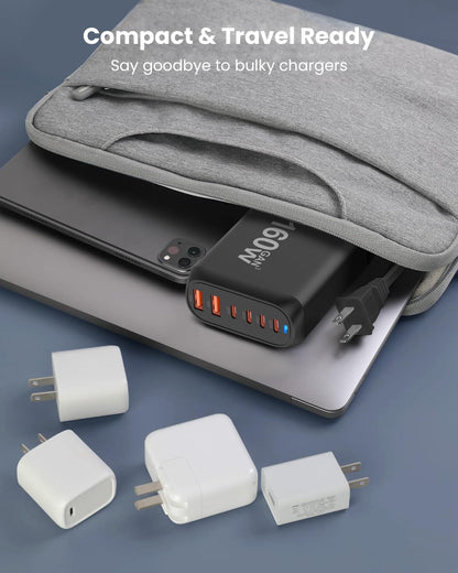 160W USB-C Fast Charger compactly stored in a laptop sleeve with additional chargers, showcasing travel-ready convenience.