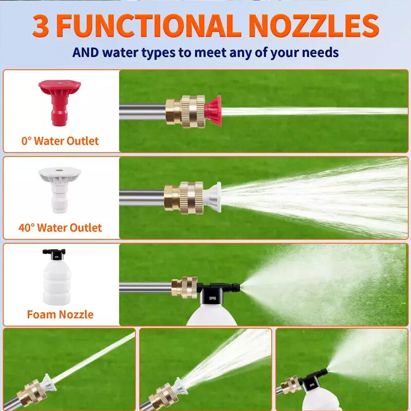 Image showing 3 functional nozzles for cordless high pressure washer, including water outlet types and foam nozzle.