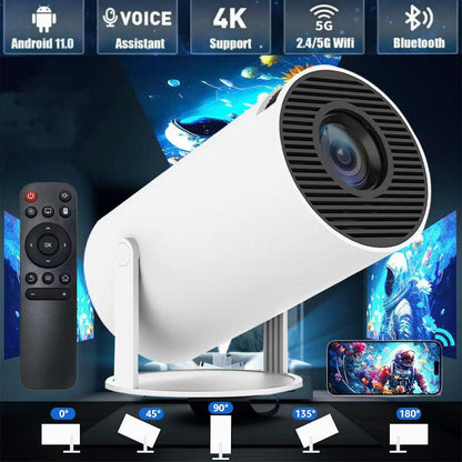 5G 4K Projector Smart HD LED WiFi Bluetooth HDMI USB Android Office Home Theater with remote control and screen display.