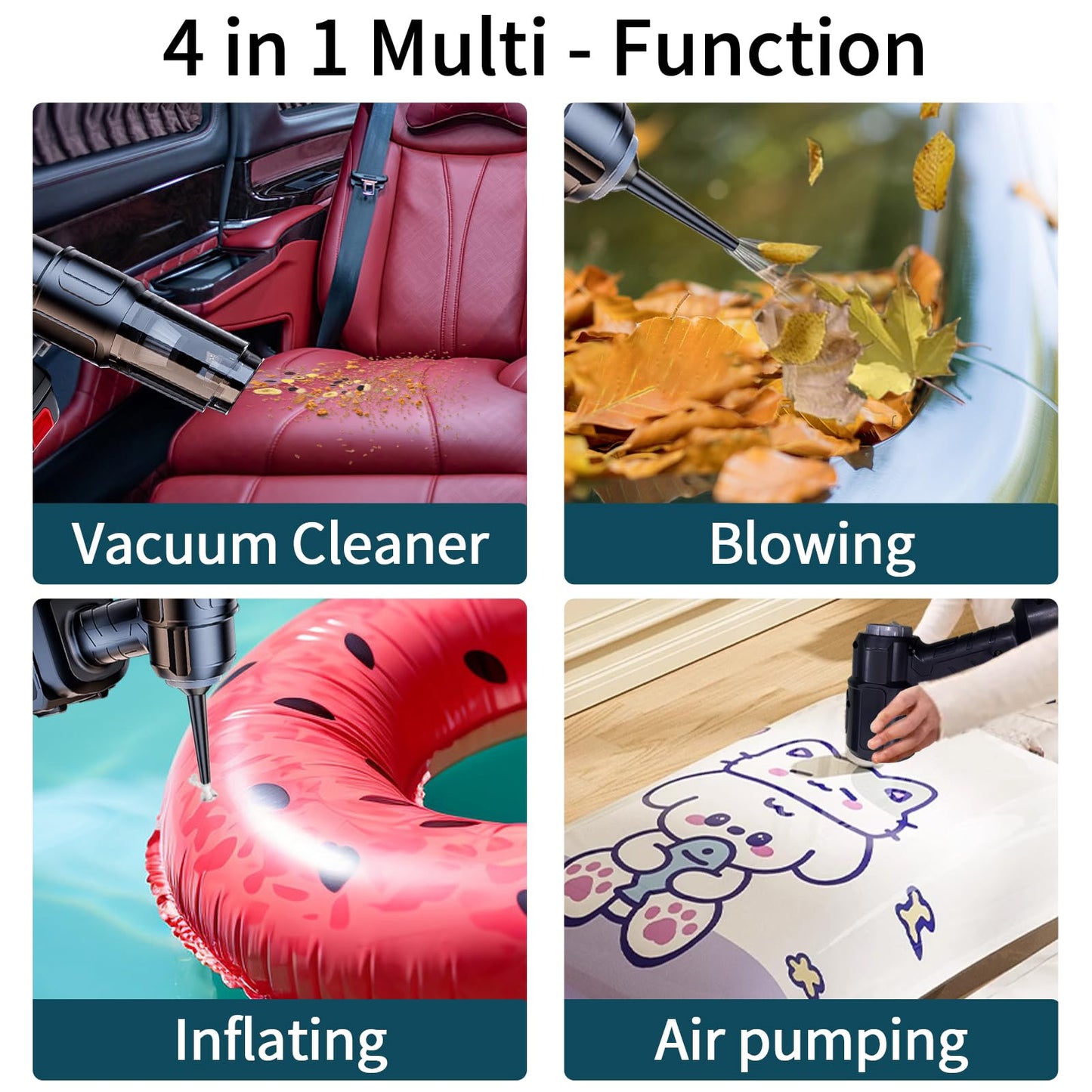Wireless mini handheld vacuum cleaner with 4 in 1 multi-function features for vacuuming, blowing, inflating, and air pumping.