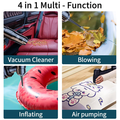 Wireless mini handheld vacuum cleaner with 4 in 1 multi-function features for vacuuming, blowing, inflating, and air pumping.