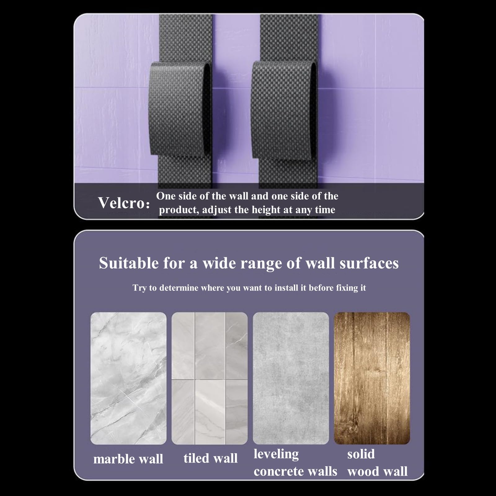 Purple boxing target with adjustable Velcro for various wall surfaces like marble, tile, concrete, and wood.