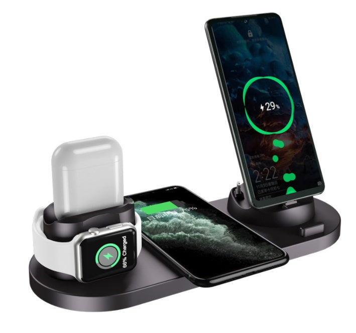 6 in 1 wireless charging dock for iPhone with multiple devices charging in sleek design.