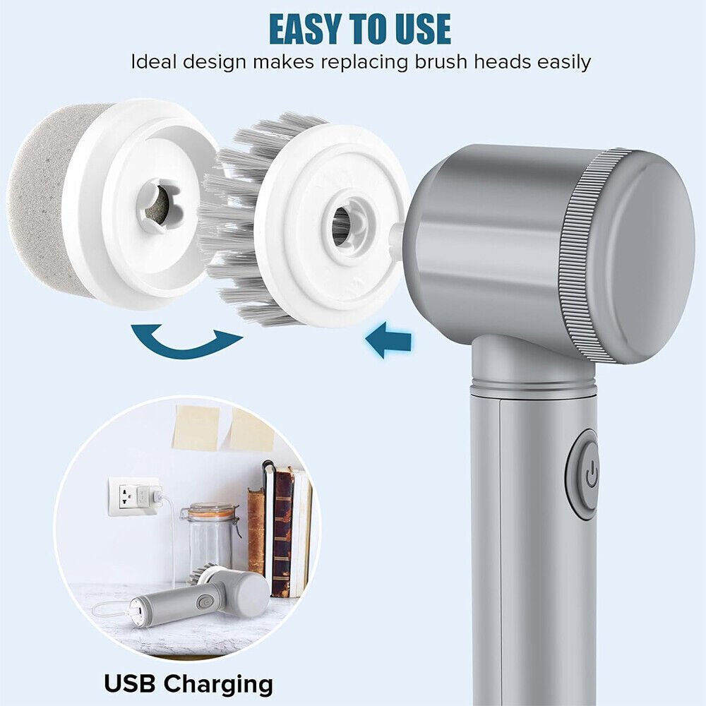 Rechargeable cordless electric cleaning brush with interchangeable brush head and USB charging features.