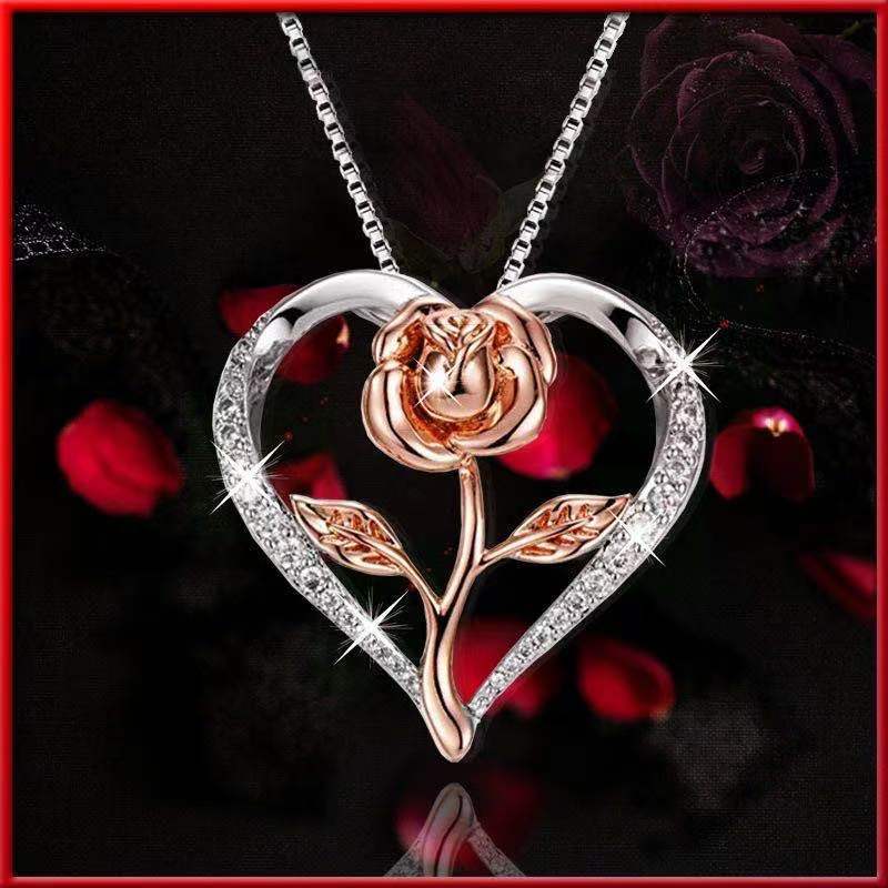 Zircon Heart Rose Silver Necklace for Women featuring a rose design and sparkling accents, perfect for any occasion.