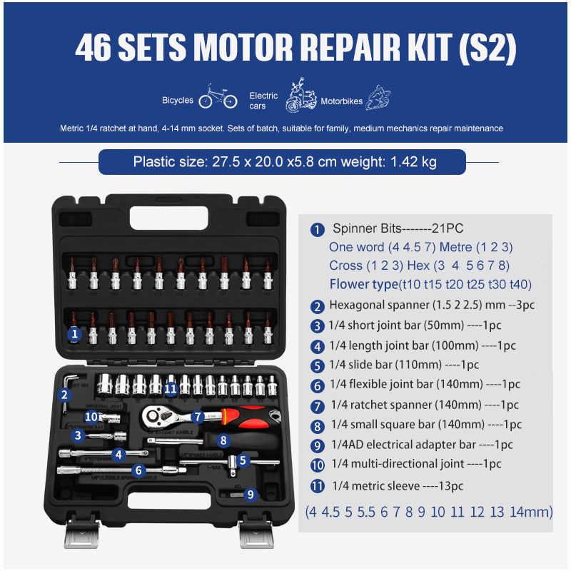 46 sets motor repair kit including ratchet wrench set for home and auto repair and various spanners and bits.