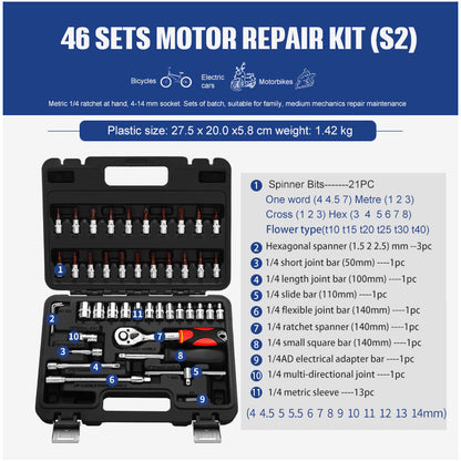 46 sets motor repair kit including ratchet wrench set for home and auto repair and various spanners and bits.
