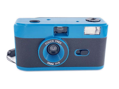Non-disposable retro film camera in blue color with a simple design and built-in flash.