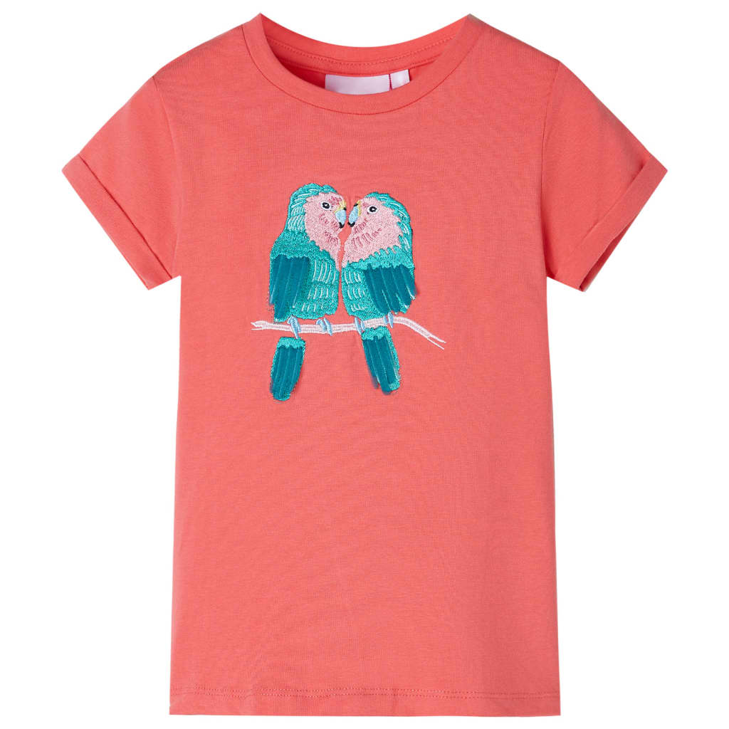 coral pink children's T-shirt featuring embroidered parrots on a branch, perfect for kids aged 1.5 to 10.