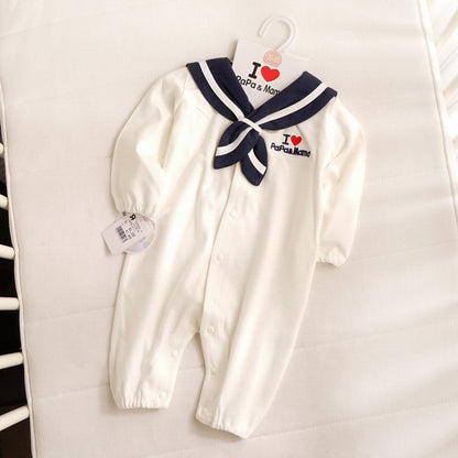 Navy style baby onesies with detachable hood and long sleeves for newborns, featuring a sailor collar design.