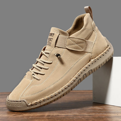 plus size leather casual boots in beige color with low flat heel and mid-top design.