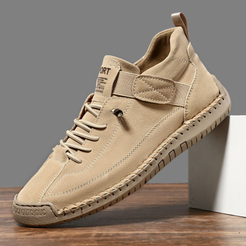 plus size leather casual boots in beige color with low flat heel and mid-top design.