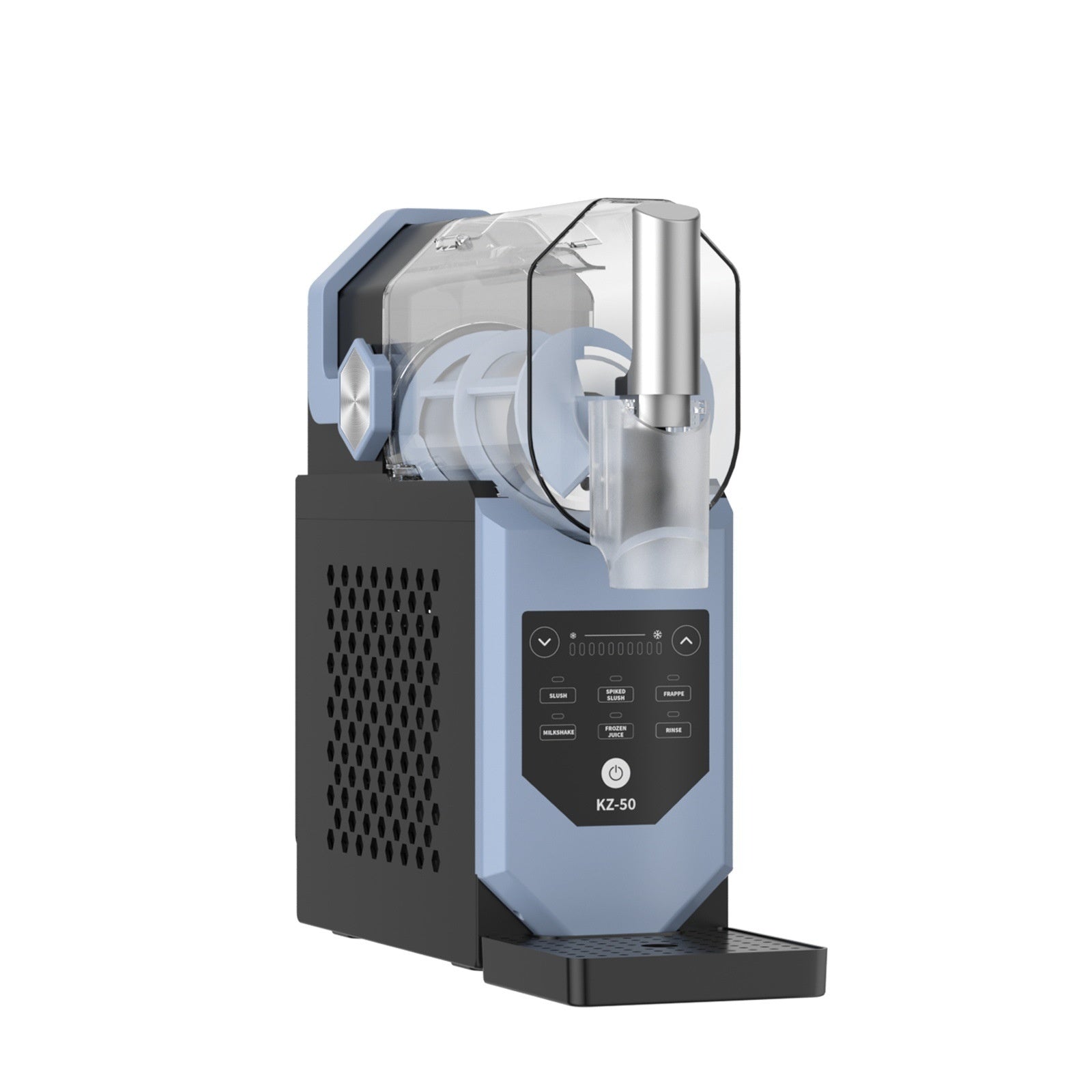 Automatic small ice crusher in blue and black, ideal for smoothies and milkshakes, compact desktop design.