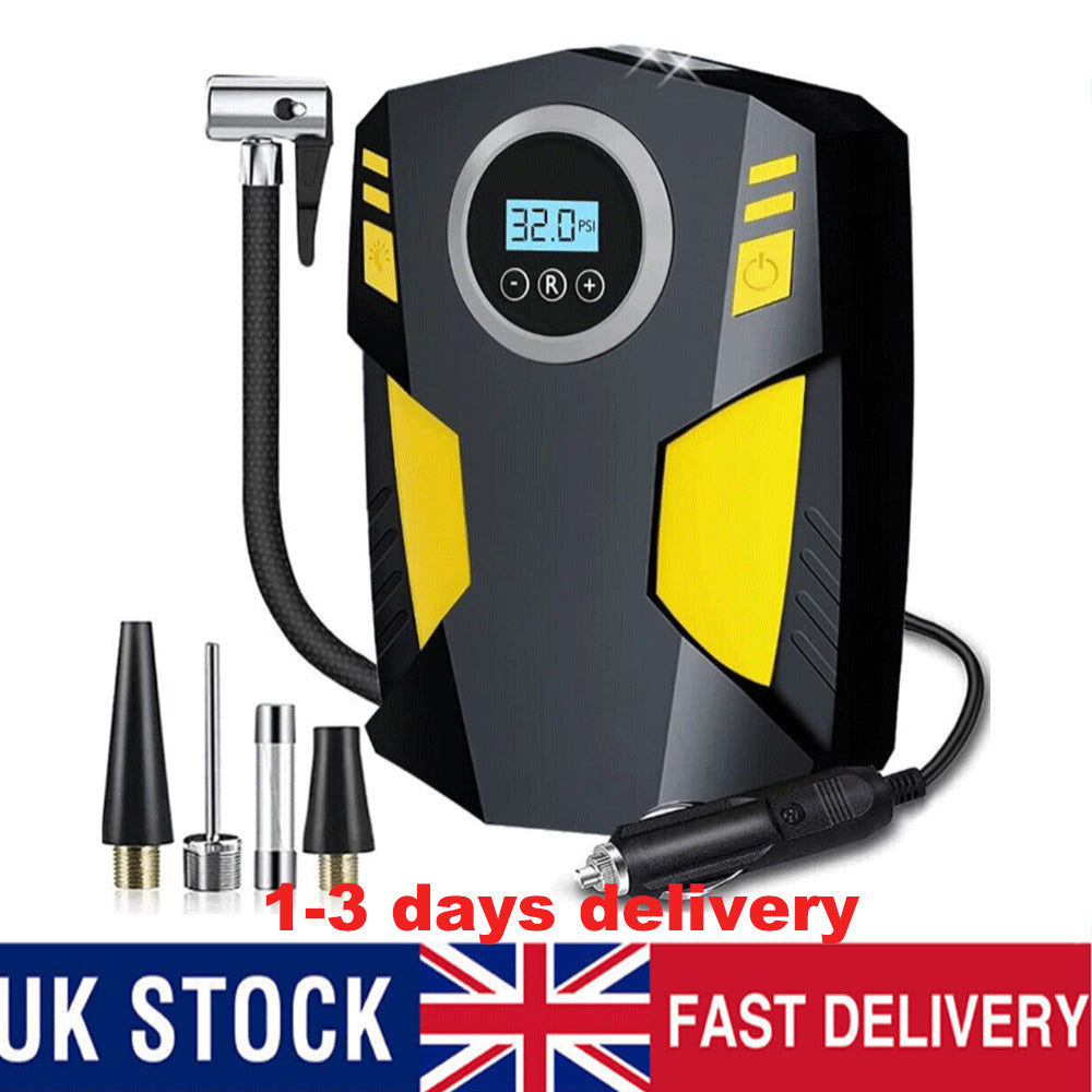 Portable digital tire inflator with digital display and accessories for quick and easy inflation.