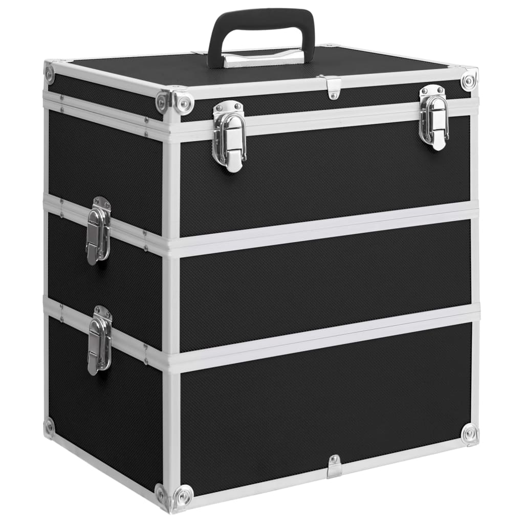 Travel cosmetic case in black made of aluminum and ABS, perfect for organizing cosmetics on the go.