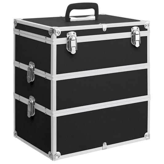 Travel cosmetic case in black made of aluminum and ABS, perfect for organizing cosmetics on the go.