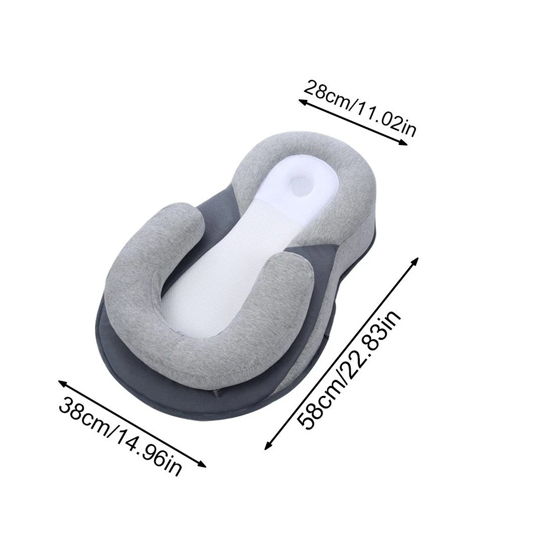 Baby bed for acid reflux with a soft, supportive design, dimensions 28x38x58 cm for comfort and safety.