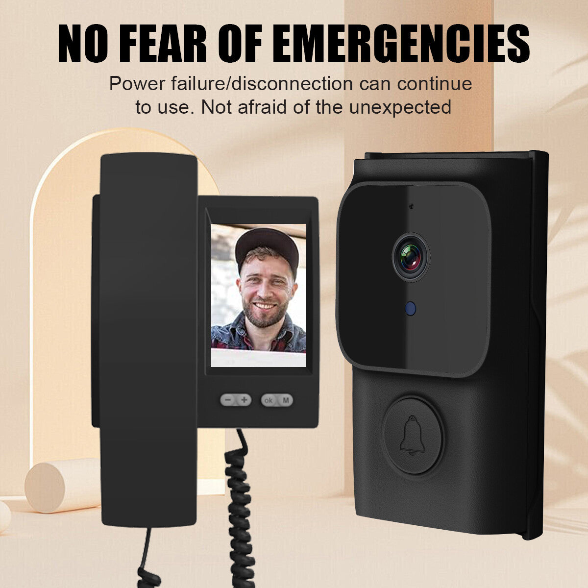 Smart wireless video doorbell with intercom features for emergencies and clear visibility.