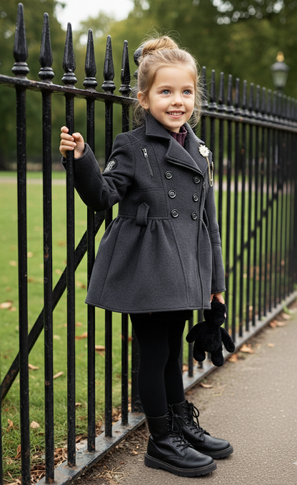 Smiling girl in vintage wool-blend coat for toddlers standing by a fence in a park.