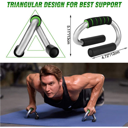 Indoor home fitness training device with triangular design for push-ups and support.