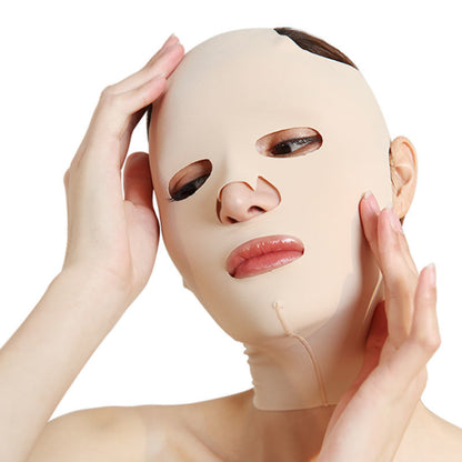 Model applying the v face lifting mask for skin rejuvenation and lifting.