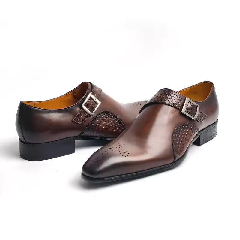 High-quality leather shoes for men, brown leather casual business footwear with buckle detail.