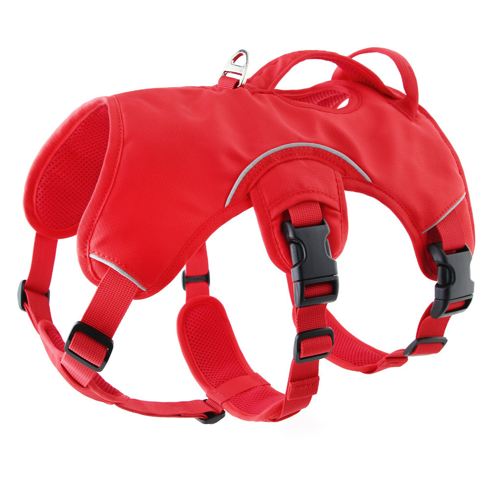 Large red explosion-proof dog camisole with durable straps and buckles for safety.