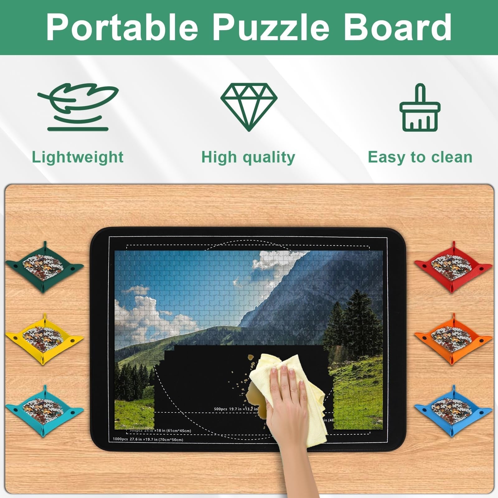 Portable jigsaw puzzle board with sorting trays, lightweight, high quality, and easy to clean.