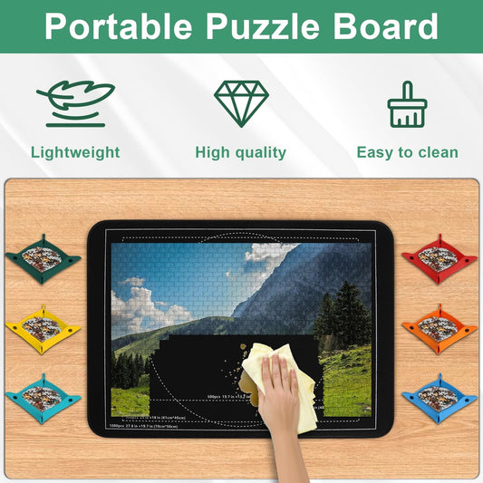 Portable jigsaw puzzle board with sorting trays, lightweight, high quality, and easy to clean.