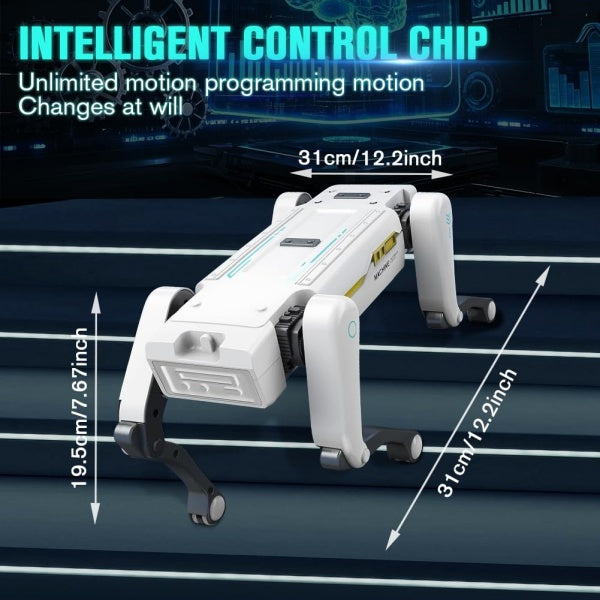 AI robot dog with voice control featuring an intelligent control chip for unlimited motion programming.