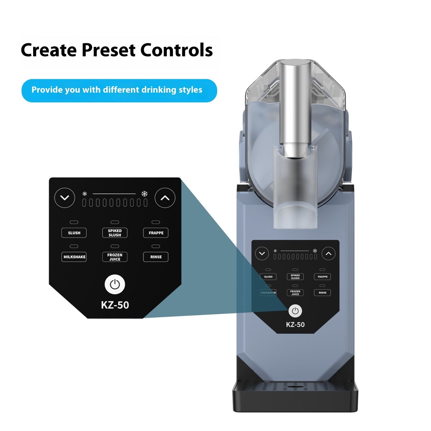 Automatic small ice crusher with preset controls for different drinking styles, showcasing user-friendly interface.