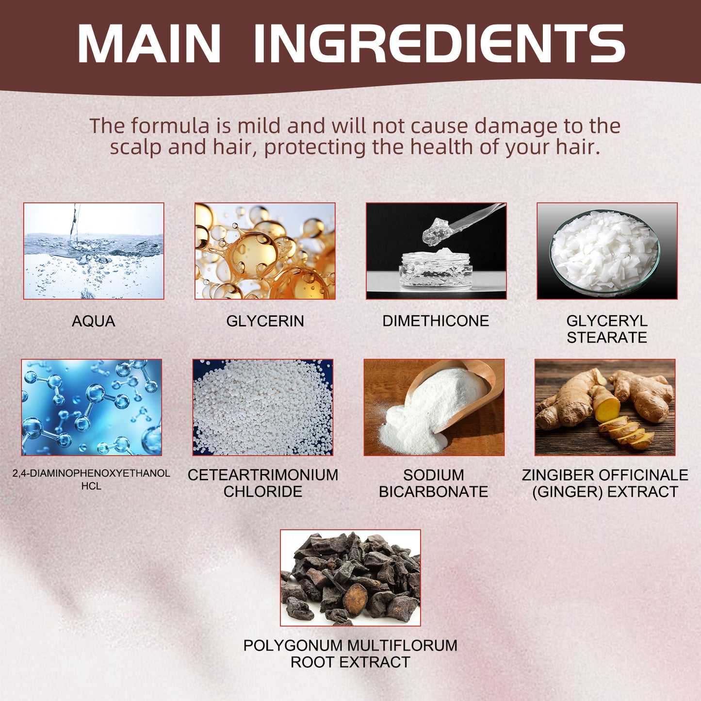 Main ingredients of Polygonum Hair Dye Comb for glossy black hair, including ginger and sodium bicarbonate.