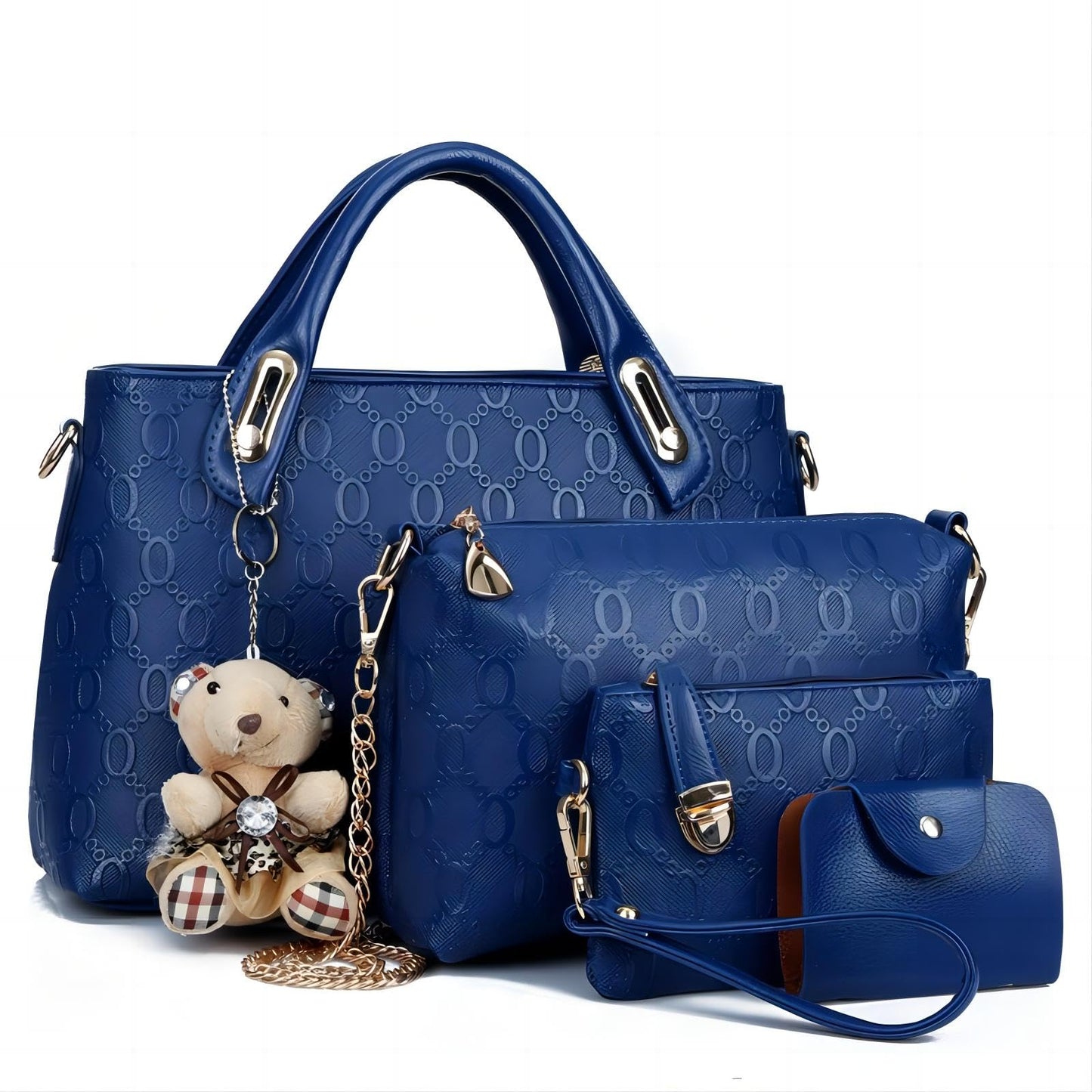 Women 4Pcs Top Handle Satchel Hobo PU Leather Handbag Set in blue with teddy bear charm, featuring a large tote and purses.