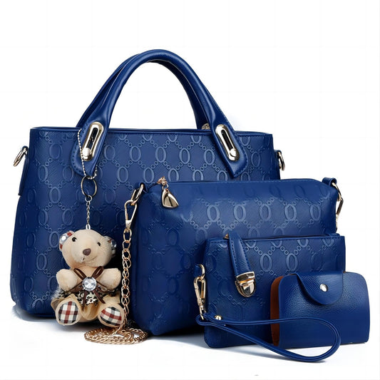 Women 4Pcs Top Handle Satchel Hobo PU Leather Handbag Set in blue with teddy bear charm, featuring a large tote and purses.