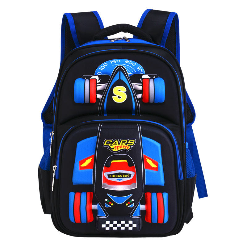 Three dimensional boys school trolley bag in blue with car design and zippers.