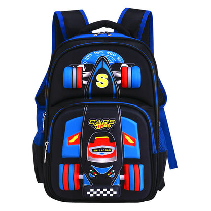 Three dimensional boys school trolley bag in blue with car design and zippers.