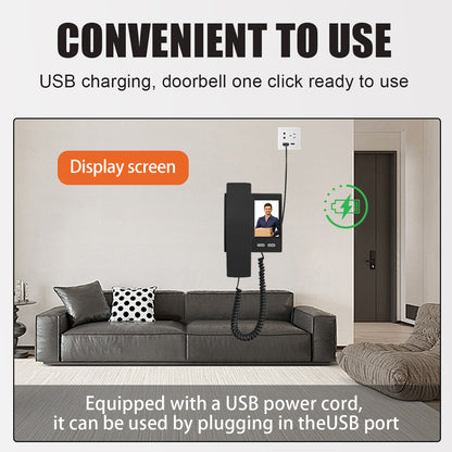 Smart wireless video doorbell showcasing convenient USB charging and display screen in a modern living room.