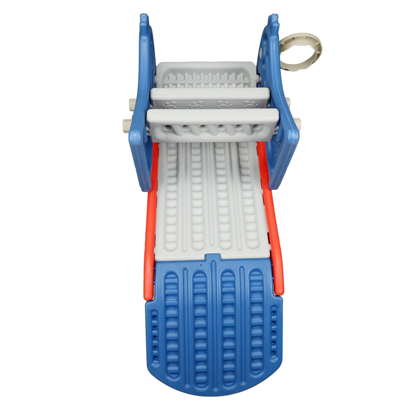 Toddler indoor slide for toddlers featuring a dinosaur shape, easy assembly, blue color, and basketball hoop.