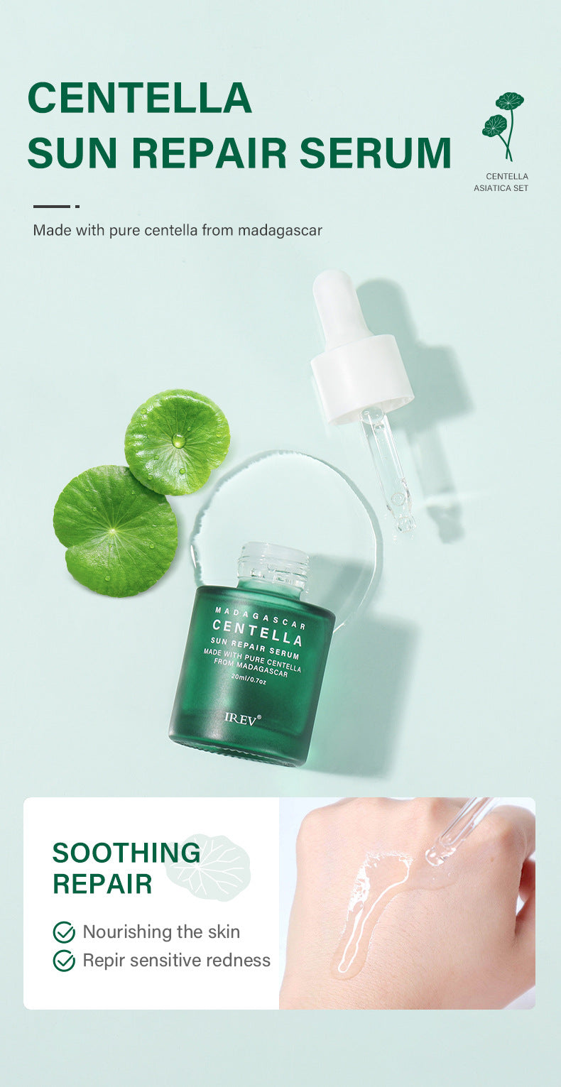 Centella Sun Repair Serum with dropper, featuring pure Centella from Madagascar for soothing repair skincare.