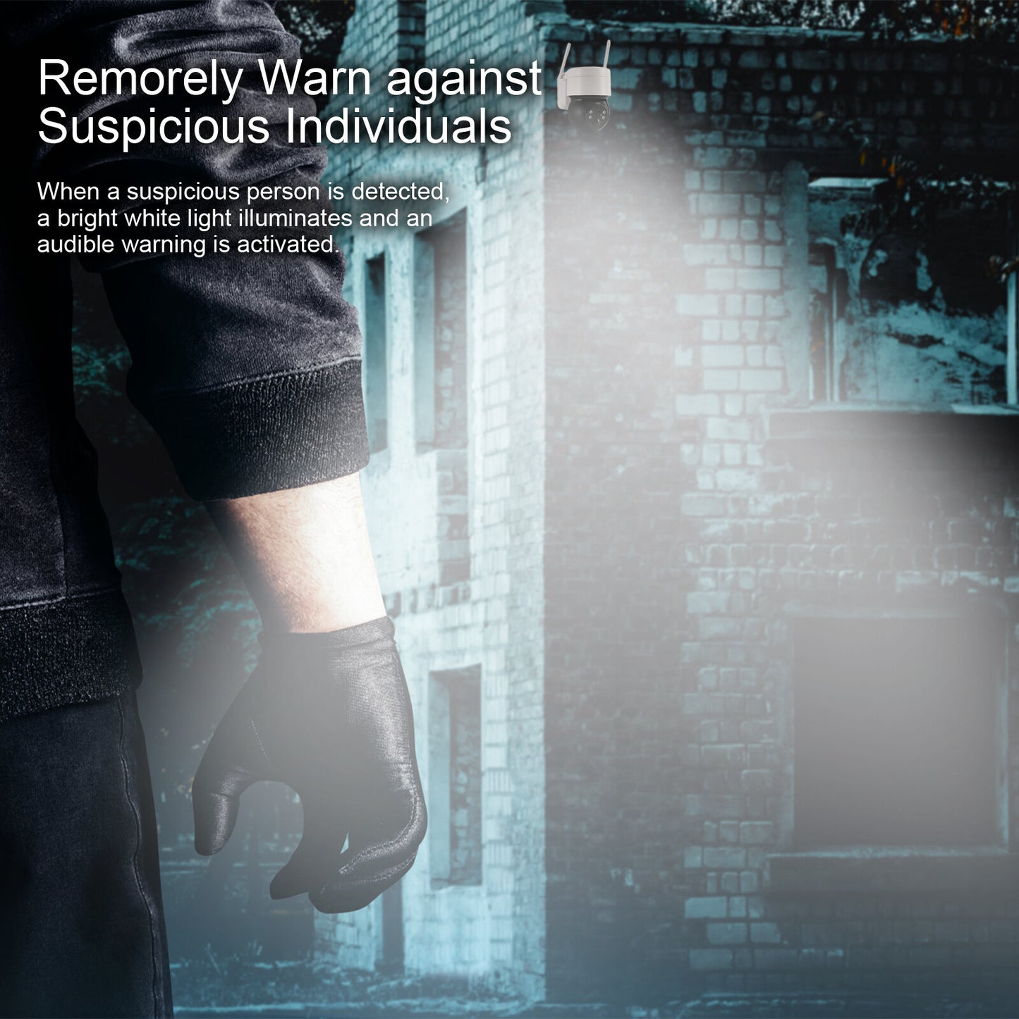Person wearing gloves near a building, remotely warning against suspicious individuals with bright light activation.