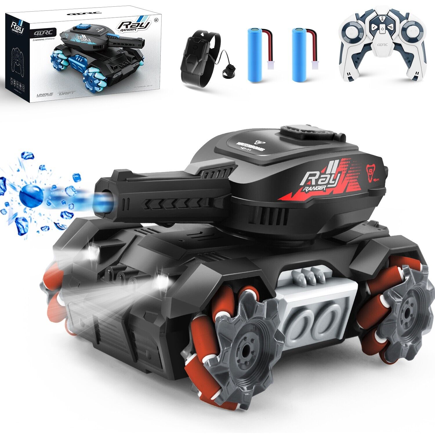DE Y1 RC Tank with gesture sensing rc stunt car features, light, music, and shooting capabilities.
