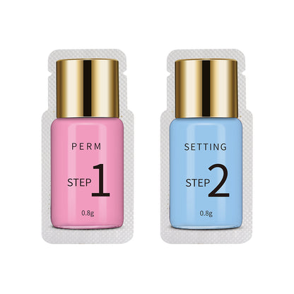 Lashes lift perm set featuring two bottles labeled 'Perm Step 1' and 'Setting Step 2', each containing 0.8g.