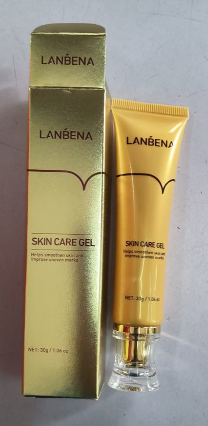 Acne scar removal cream in a gold packaging by Lanbena, promoting skin repair and even texture.